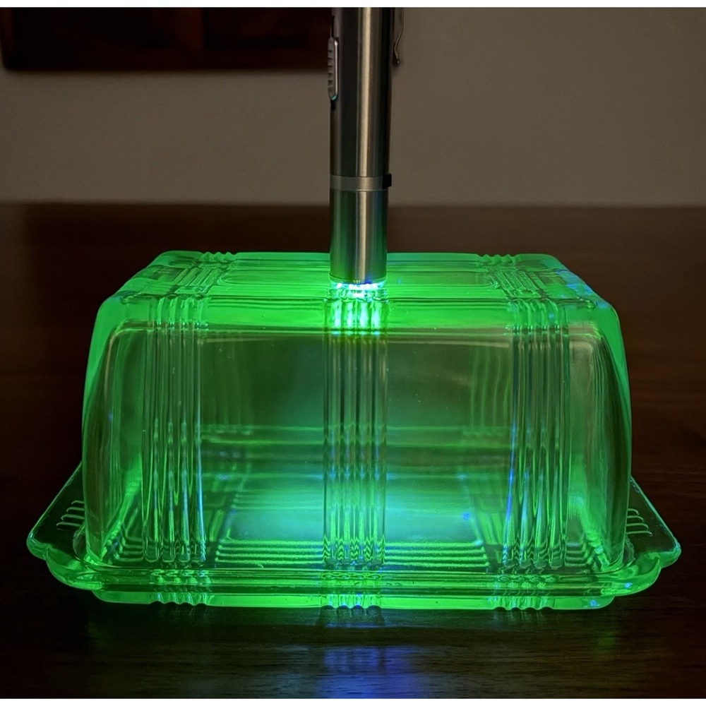 Vtg Hazel Atlas Uranium Glass Butter Dish Keeper with Top Lid and Base 7" Glows